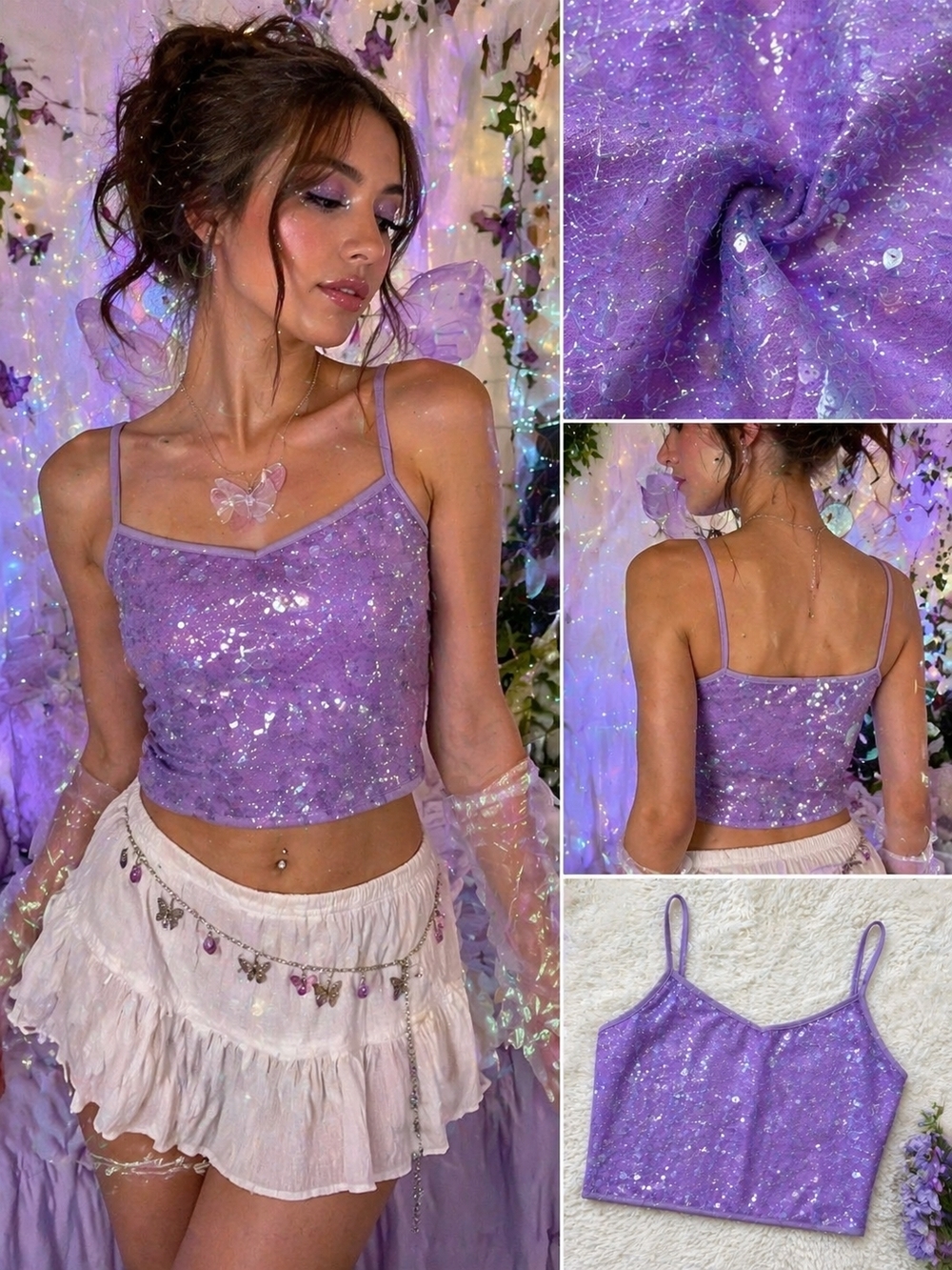 Y2K Fairy Purple Sequin Crop Top Festival Rave Fairycore Cami